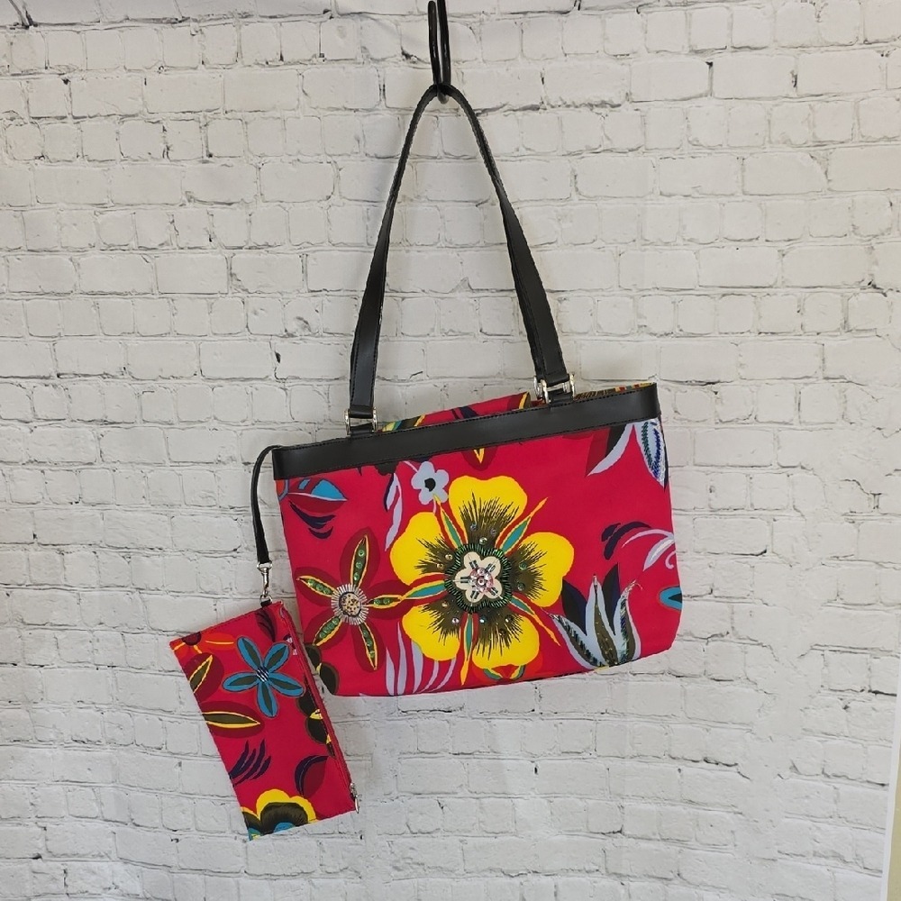 Preston & York Shoulder Bag Womens Medium Red Good Floral Beaded Tote with Pouch